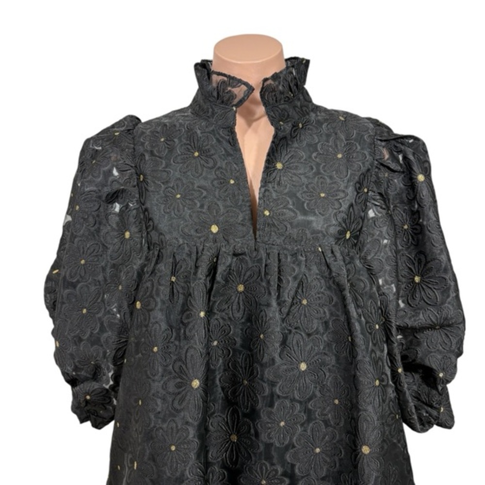 JADE NWT black metallic high puff sleeve mini shift dress L - Picture 2 of 8